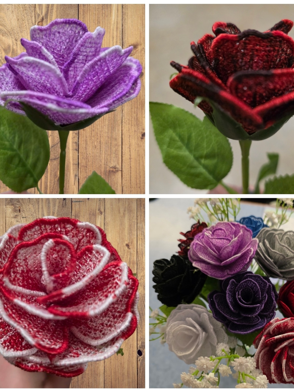 Embroidered Roses On Artificial Stem.  Each One Is Made And Assembeld By Me